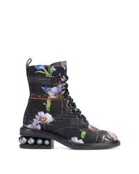 Черные ботильоны на шнуровке из плотной ткани с цветочным принтом от Nicholas Kirkwood