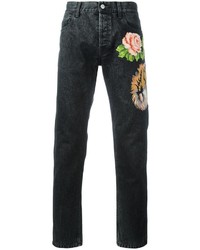 Мужские черные джинсы с цветочным принтом от Gucci
