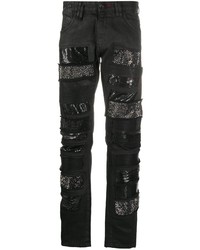 Мужские черные зауженные джинсы в стиле пэчворк от Philipp Plein