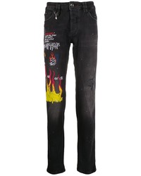 Мужские черные зауженные джинсы с принтом от Philipp Plein