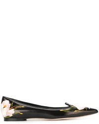 Черные кожаные балетки с цветочным принтом от Dolce & Gabbana