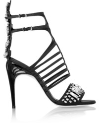 Черные кожаные босоножки на каблуке с украшением от Fendi