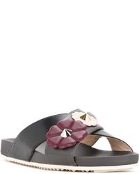 Женские черные кожаные босоножки с цветочным принтом от Fendi