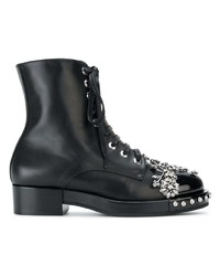 Женские черные кожаные ботинки на шнуровке с украшением от N°21