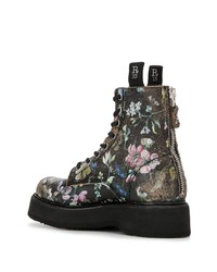 Женские черные кожаные ботинки на шнуровке с цветочным принтом от R13