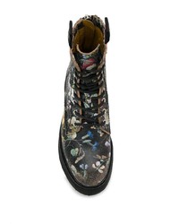 Женские черные кожаные ботинки на шнуровке с цветочным принтом от R13