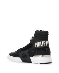 Мужские черные кожаные высокие кеды с украшением от Philipp Plein