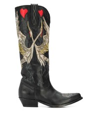 Женские черные кожаные ковбойские сапоги с вышивкой от Golden Goose