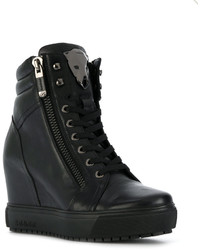 Черные кожаные кроссовки на танкетке от Baldinini