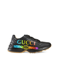 Мужские черные кожаные кроссовки с принтом от Gucci