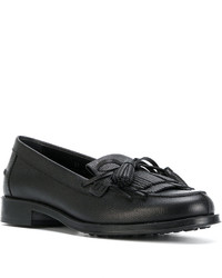 Женские черные кожаные лоферы c бахромой от Tod's