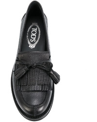 Женские черные кожаные лоферы c бахромой от Tod's