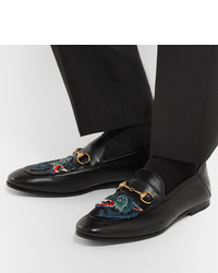 Мужские черные кожаные лоферы с вышивкой от Gucci