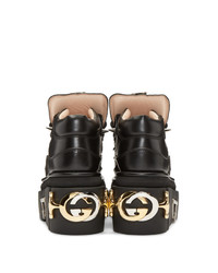 Женские черные кожаные массивные ботинки на шнуровке от Gucci