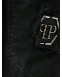 Мужские черные кожаные рваные джинсы от Philipp Plein