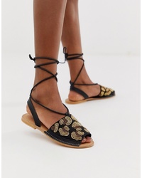Черные кожаные сандалии на плоской подошве с леопардовым принтом от ASOS DESIGN