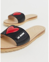 Черные кожаные сандалии на плоской подошве с принтом от Love Moschino