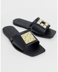 Черные кожаные сандалии на плоской подошве с украшением от ASOS DESIGN