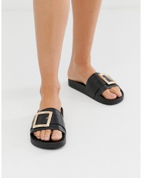 Черные кожаные сандалии на плоской подошве с украшением от ASOS DESIGN