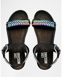Черные кожаные сандалии на плоской подошве с украшением от Love Moschino