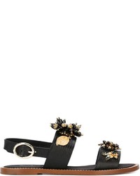 Черные кожаные сандалии на плоской подошве с украшением от Dolce & Gabbana