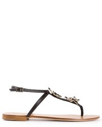 Черные кожаные сандалии на плоской подошве с украшением от Roberto Cavalli