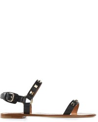 Черные кожаные сандалии на плоской подошве с украшением от Valentino Garavani