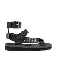 Черные кожаные сандалии на плоской подошве с шипами от Prada