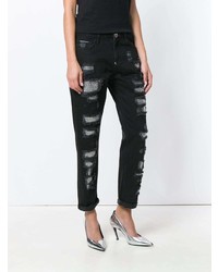 Черные рваные джинсы-бойфренды от Philipp Plein