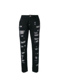 Черные рваные джинсы-бойфренды от Philipp Plein