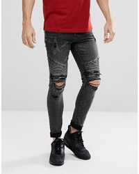 Мужские черные рваные зауженные джинсы от New Look