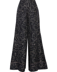 Черные шелковые широкие брюки с принтом от Roksanda