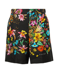 Женские черные шелковые шорты с цветочным принтом от Gucci
