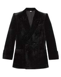 Черный бархатный двубортный пиджак в горошек