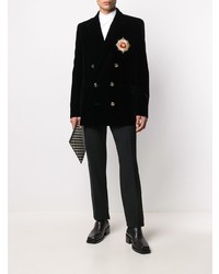 Мужской черный бархатный двубортный пиджак с вышивкой от Balmain