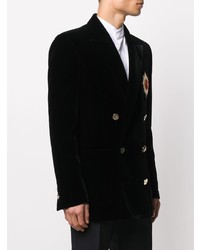 Мужской черный бархатный двубортный пиджак с вышивкой от Balmain