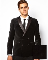 Мужской черный бархатный двубортный пиджак от Asos