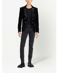 Мужской черный бархатный двубортный пиджак от Balmain