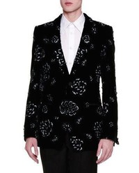 Черный бархатный пиджак с цветочным принтом