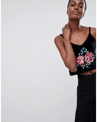 Черный бархатный топ без рукавов с цветочным принтом