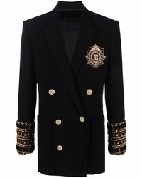 Мужской черный двубортный пиджак с вышивкой от Balmain
