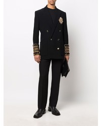 Мужской черный двубортный пиджак с вышивкой от Balmain