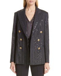 Черный двубортный пиджак с пайетками с узором "в ёлочку"