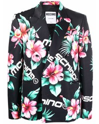 Мужской черный двубортный пиджак с цветочным принтом от Moschino