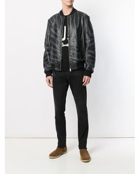 Мужской черный кожаный бомбер с принтом от Just Cavalli