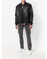 Мужской черный кожаный бомбер с принтом от Versace Jeans