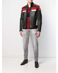 Мужской черный кожаный бомбер с принтом от Diesel