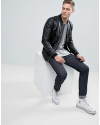 Мужской черный кожаный бомбер от Pull&Bear