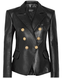 Черный кожаный двубортный пиджак