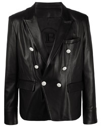 Мужской черный кожаный двубортный пиджак от Balmain